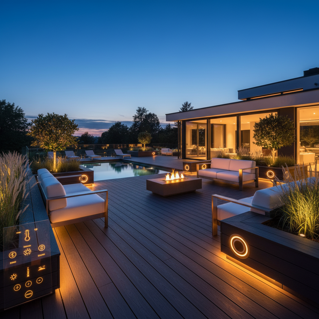 Retractable roof system partially open over modern outdoor living space, dusk lighting with warm amber tones