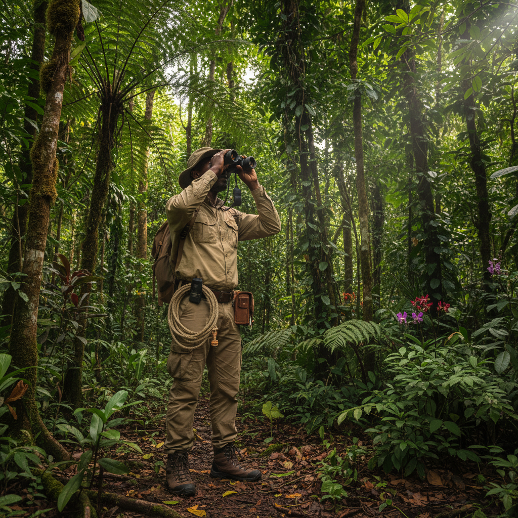 Carlos Quispe, Amazonian naturalist guide, holding binoculars in rainforest setting