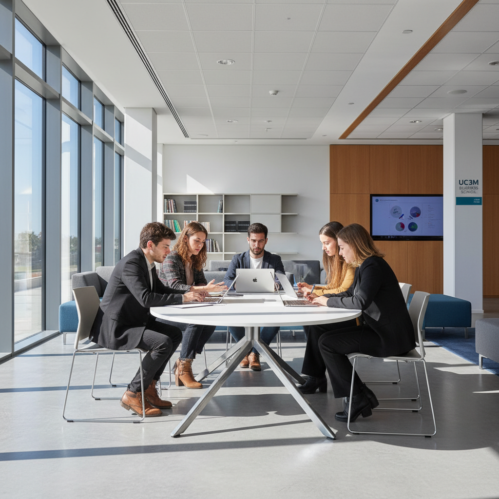 Business students collaborating around a table in a modern classroom