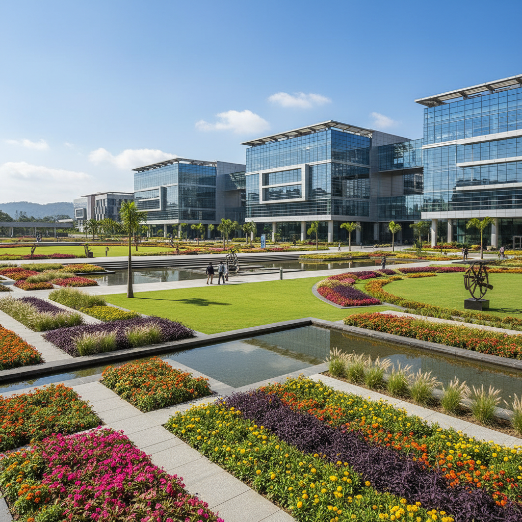 Infosys campus with modern architecture and landscaped gardens in Bengaluru