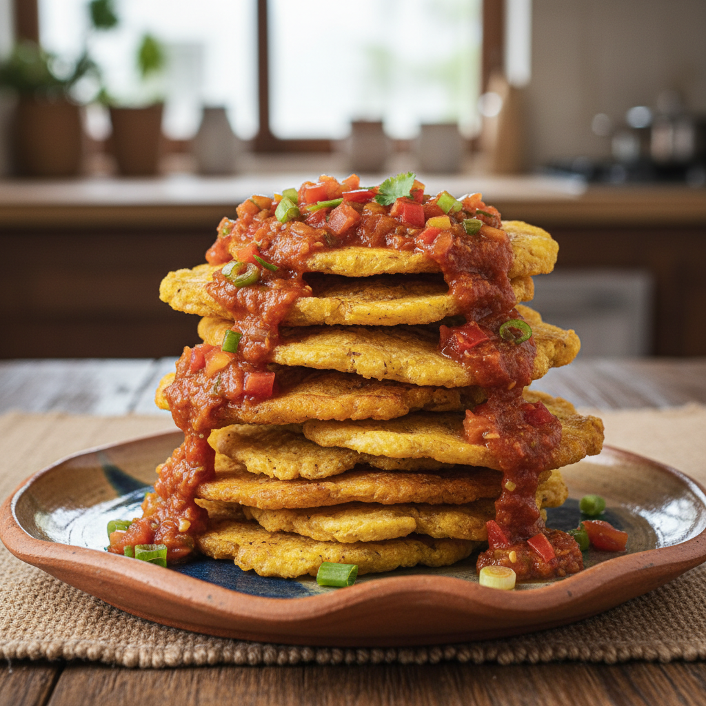 Crispy twice-fried green plantain patacones topped with fresh tomato hogao salsa