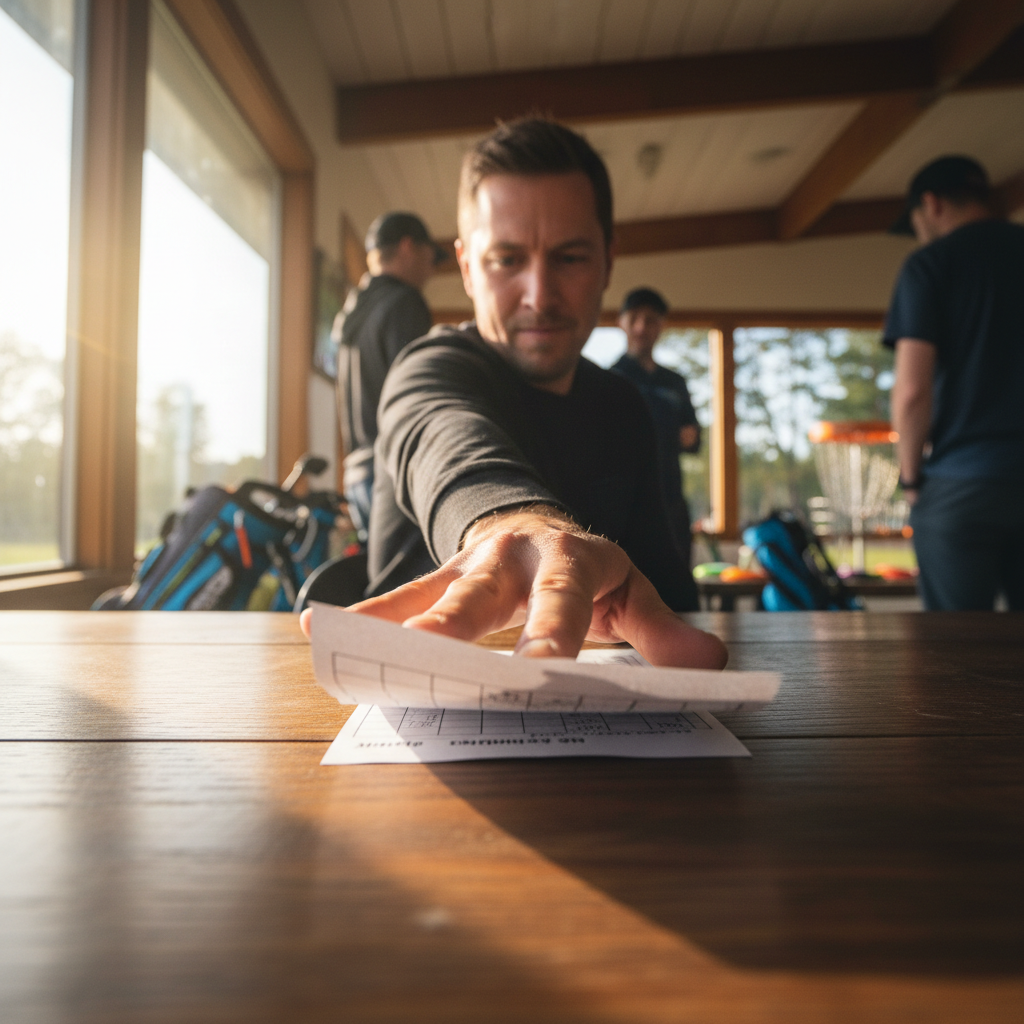 Tournament scorecard being slapped on a table by a disc golf competitor