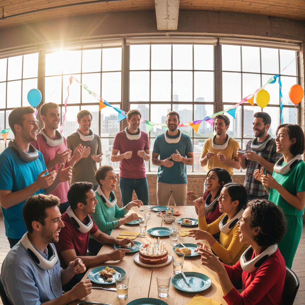 Birthday group celebrating with VR headsets around their necks
