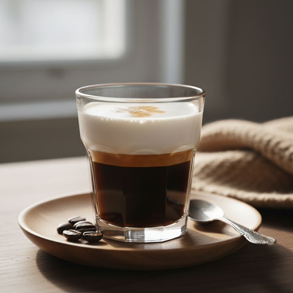 Small cortado coffee in a glass with espresso and steamed milk layers visible