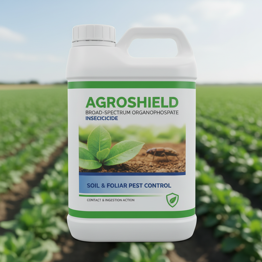 Close-up of insecticide bottle label with green agricultural field background