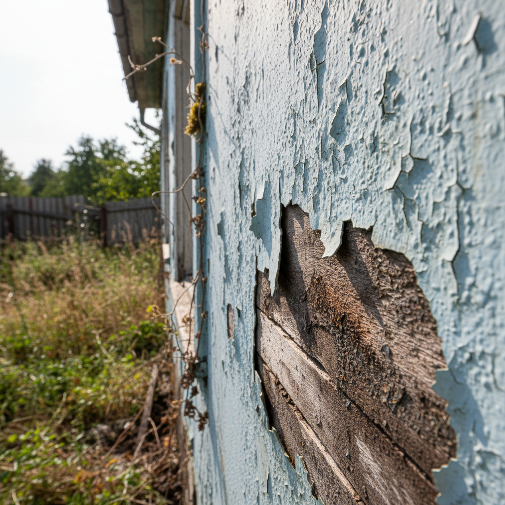 Deteriorating wood siding on an older Orange County home, visible moisture damage, peeling paint, and rot
