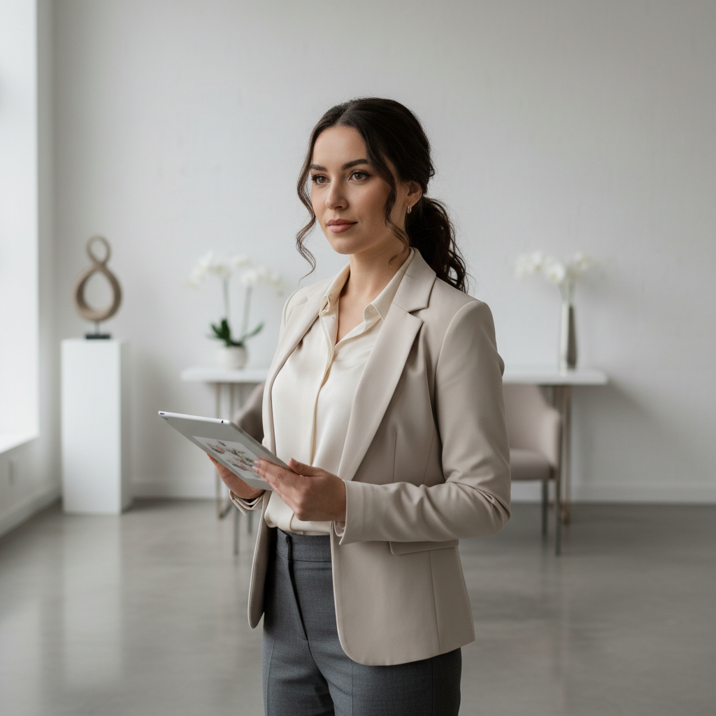 Professional event planner reviewing plans on tablet in modern office