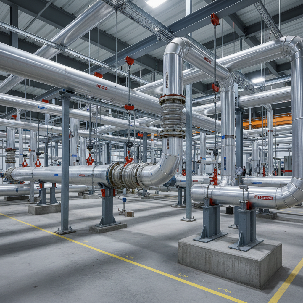 Complex industrial piping module with valves and instrumentation, clean factory floor, cool fluorescent lighting, dark background