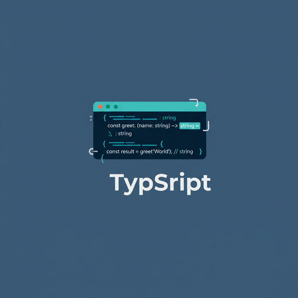 TypeScript logo with code editor showing type annotations and functional programming patterns