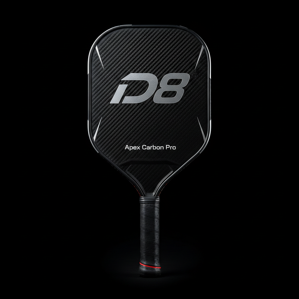 D8 Apex Carbon Pro paddle front view with dramatic studio lighting on black background