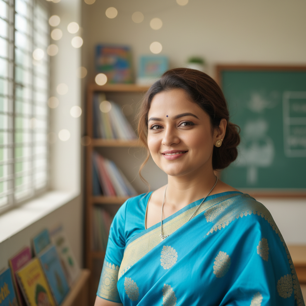 Bangladeshi woman teacher with a professional demeanor and warm expression