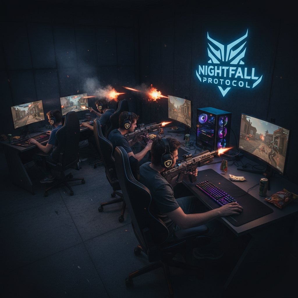 Intense gamer face illuminated by monitor glow, dark room, focused expression, game reflected in eyes