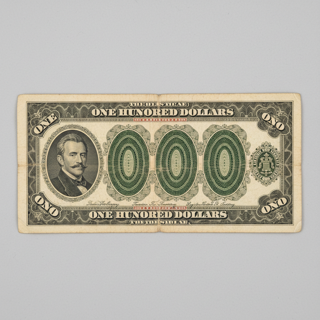 Rare 1890 one hundred dollar United States Treasury note known as the Watermelon note for its distinctive large zeros