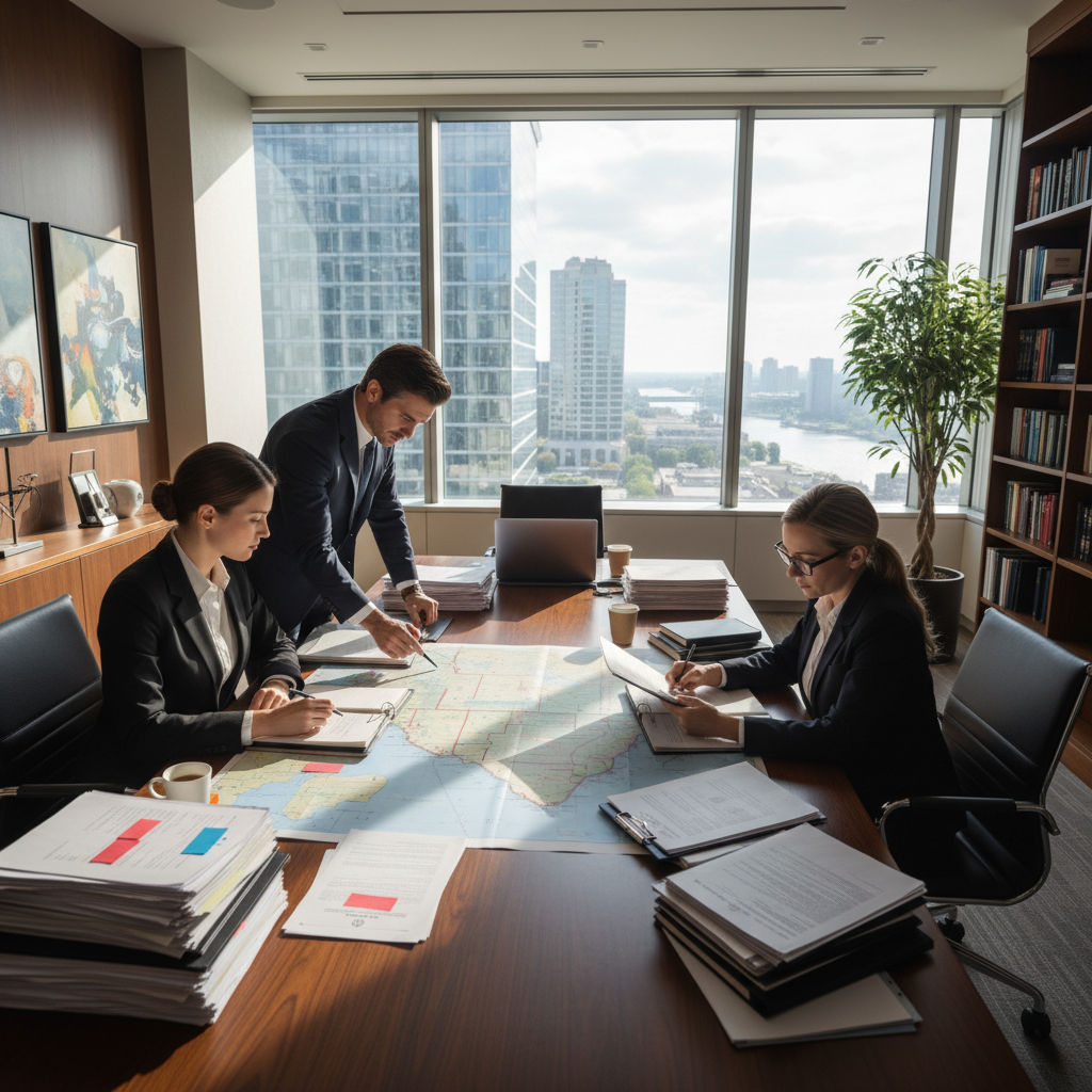 Person reviewing business location details on a map interface, professional office setting, warm ambient lighting