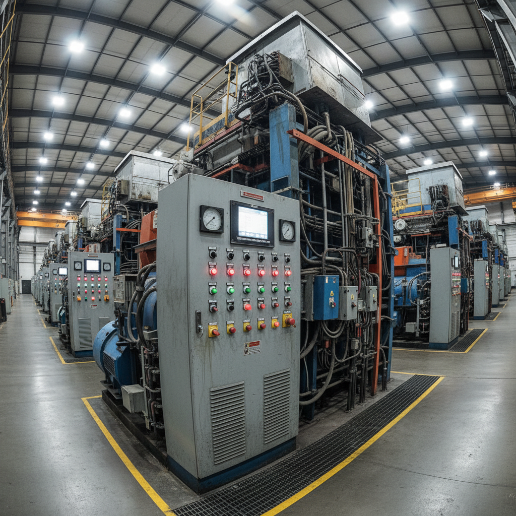 Multiple large industrial generators lined up in a power plant facility with control panels visible