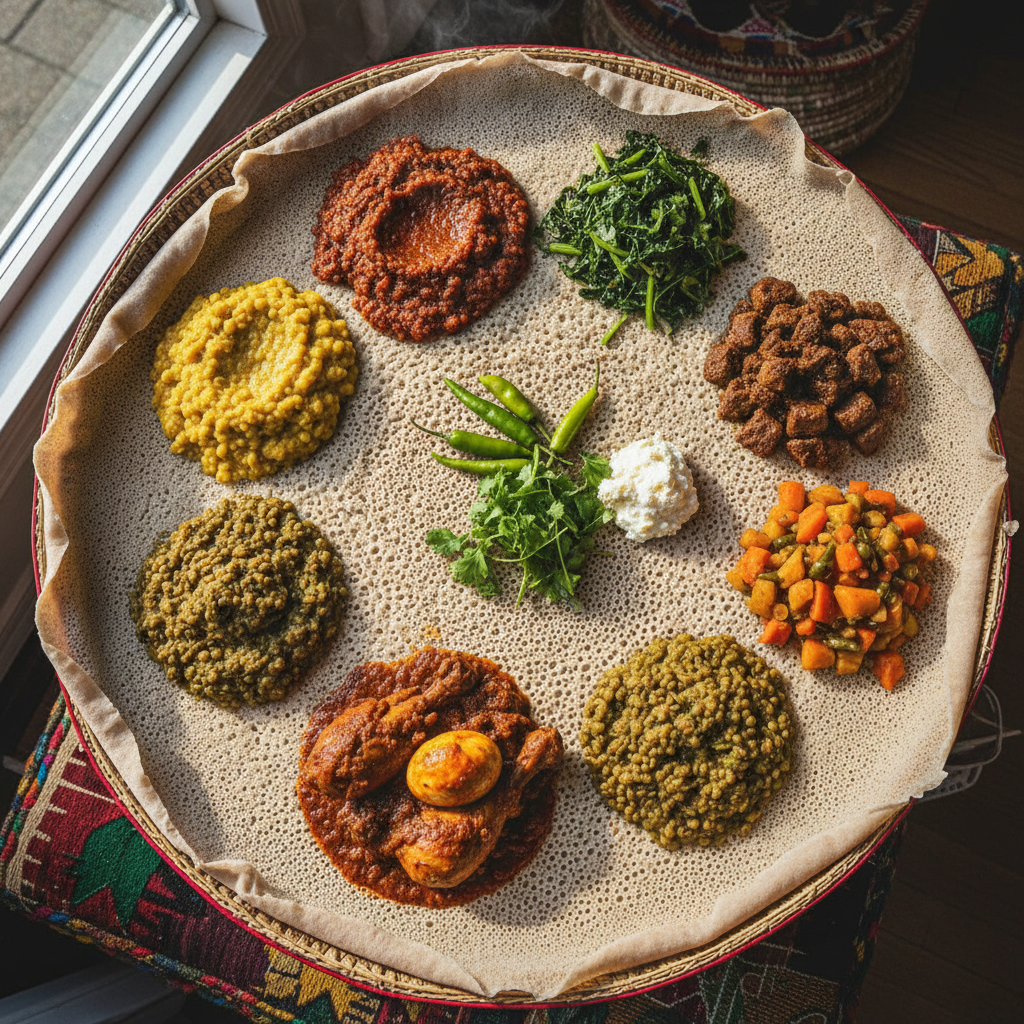 Ethiopian vegetarian fasting platter with seven dishes on injera