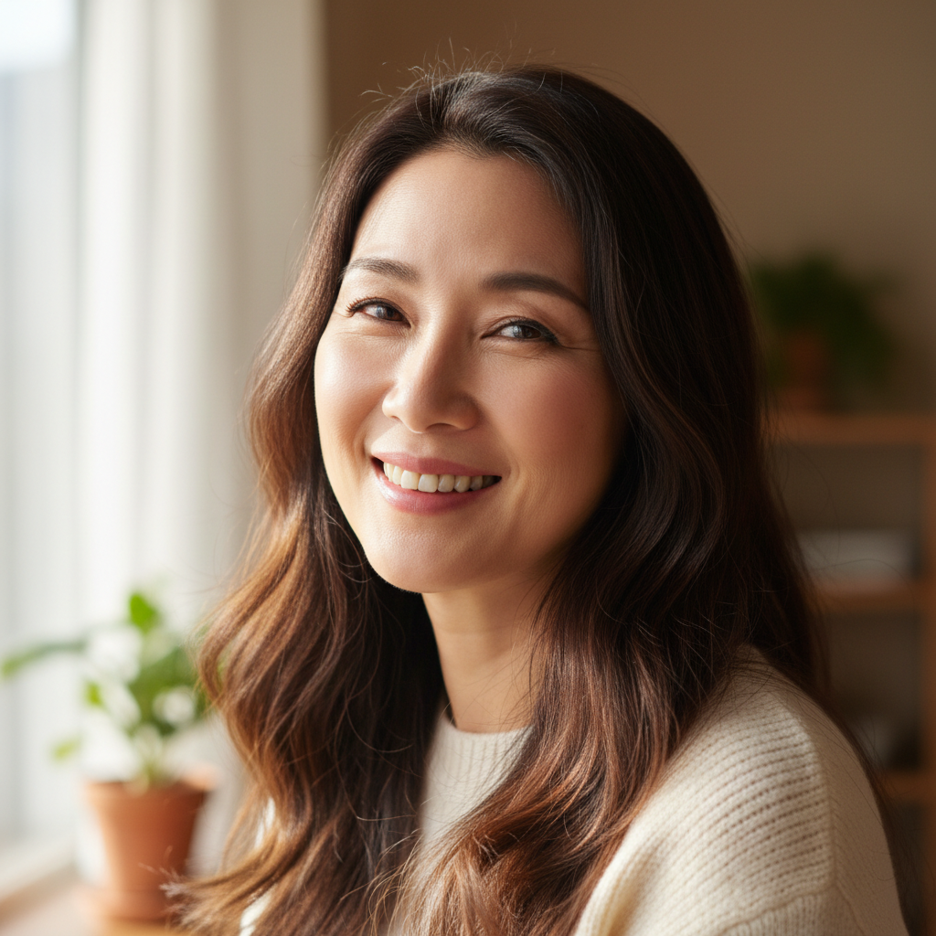 Portrait of an East Asian woman, bright warm smile, casual intellectual setting