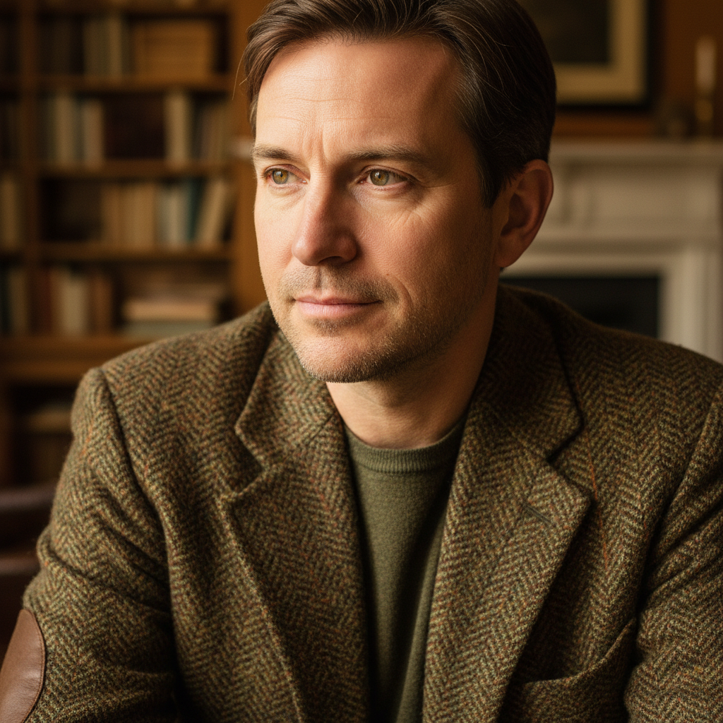 Man in his 40s with thoughtful expression, wearing a tweed jacket in soft indoor light