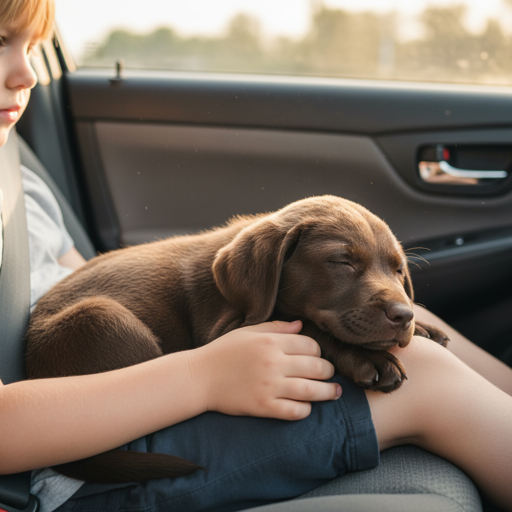 Chocolate Lab pup sleeping in a child lap on car ride