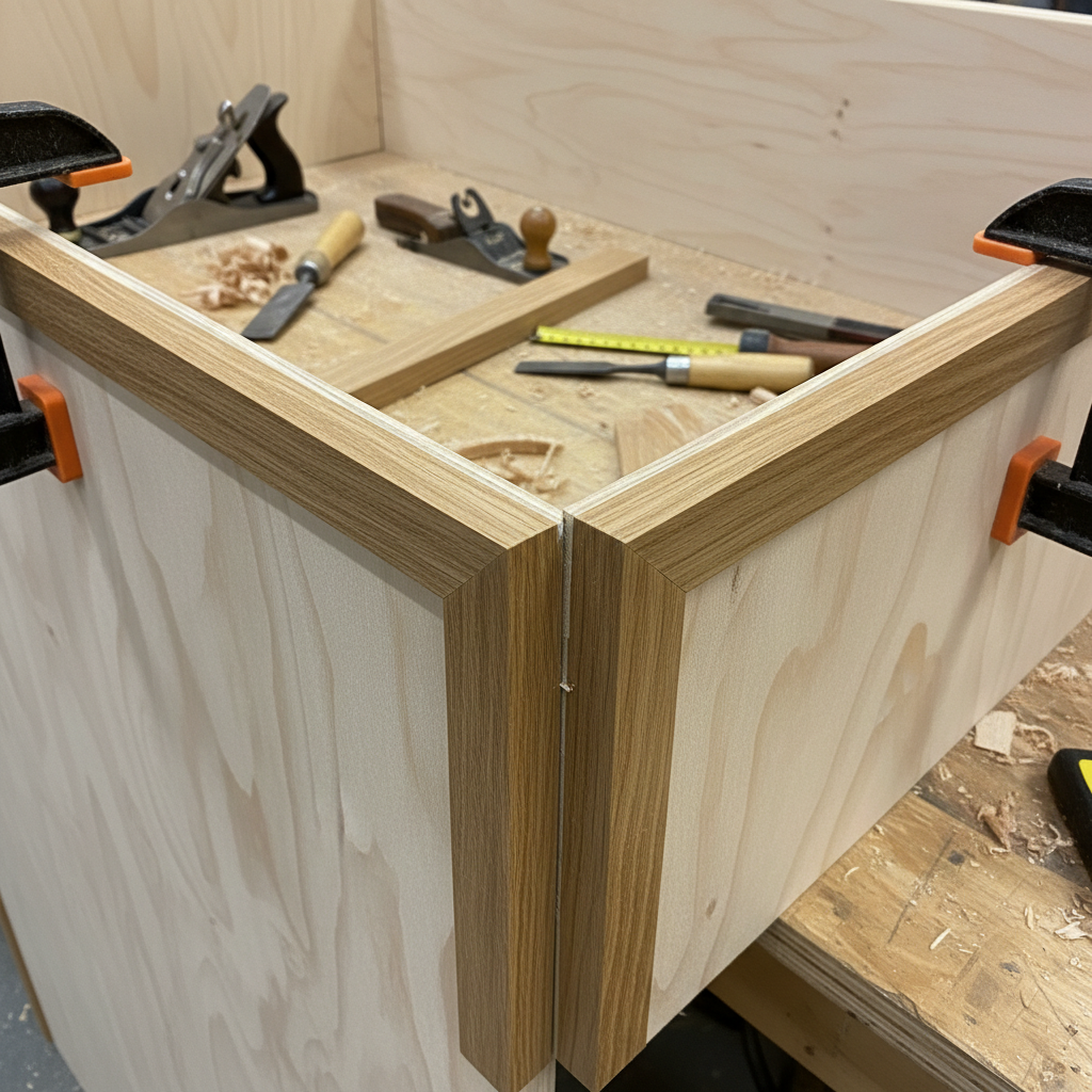 Solid oak edge banding on birch plywood wardrobe carcass
