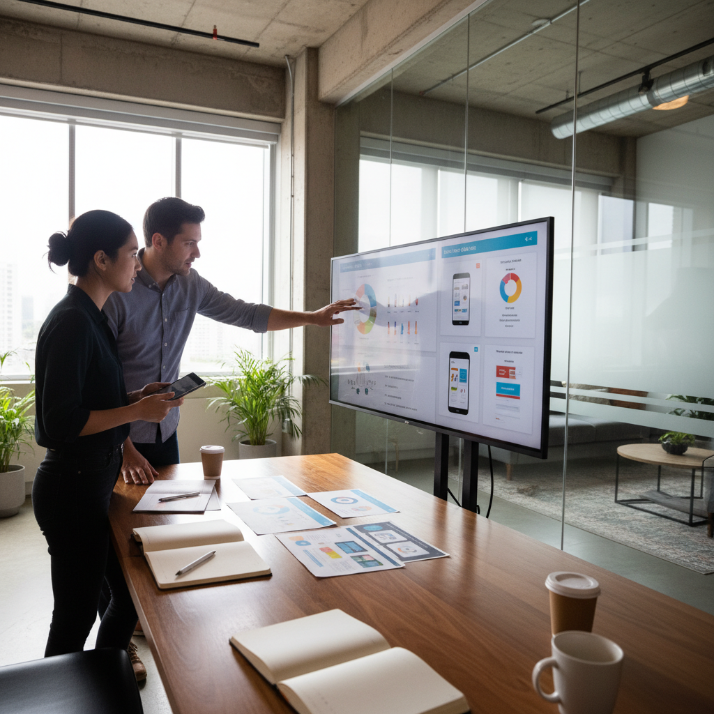 Two founders reviewing pitch deck slides on a large monitor