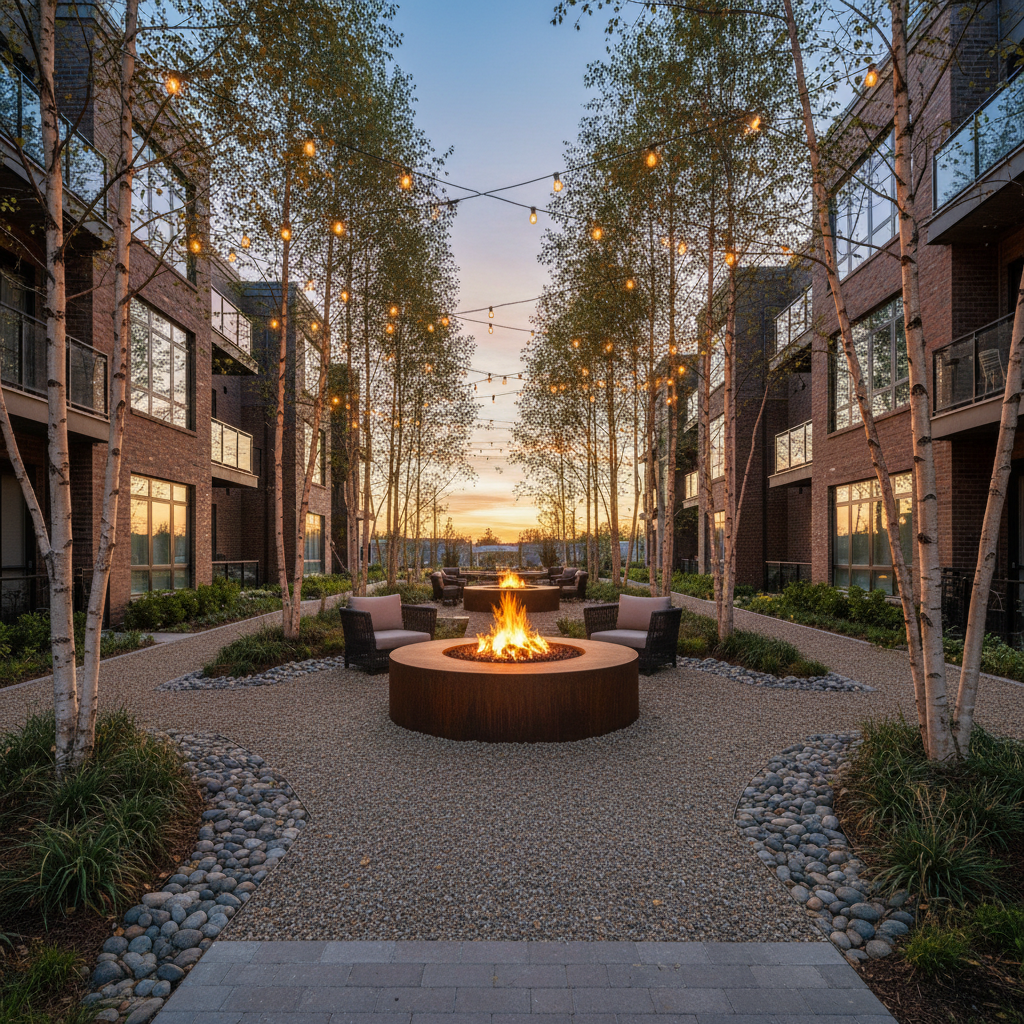Shared garden for a boutique residential development with weathered corten steel fire pit, gravel paths, and string lights threading through birch trees at dusk