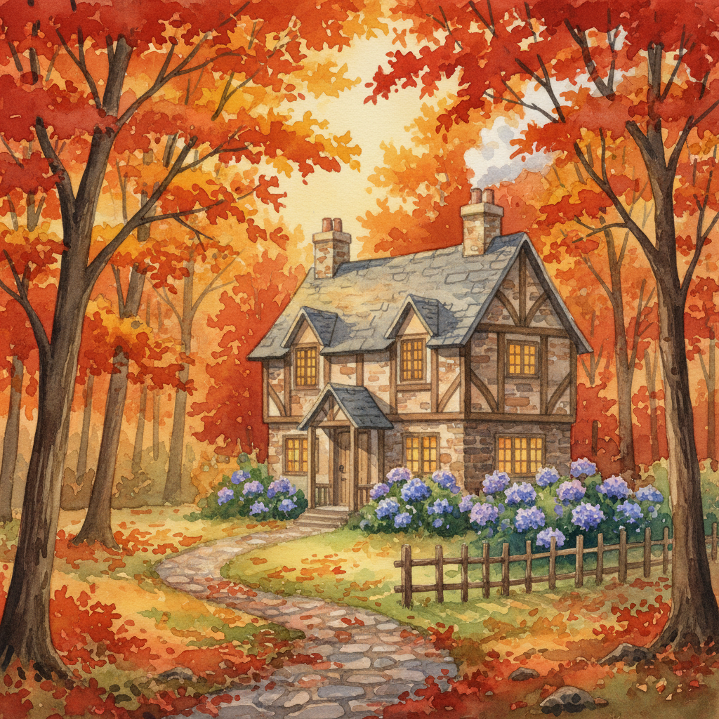 Charming craftsman cottage with wood siding, covered porch, autumn trees, soft overcast daylight, quiet residential street