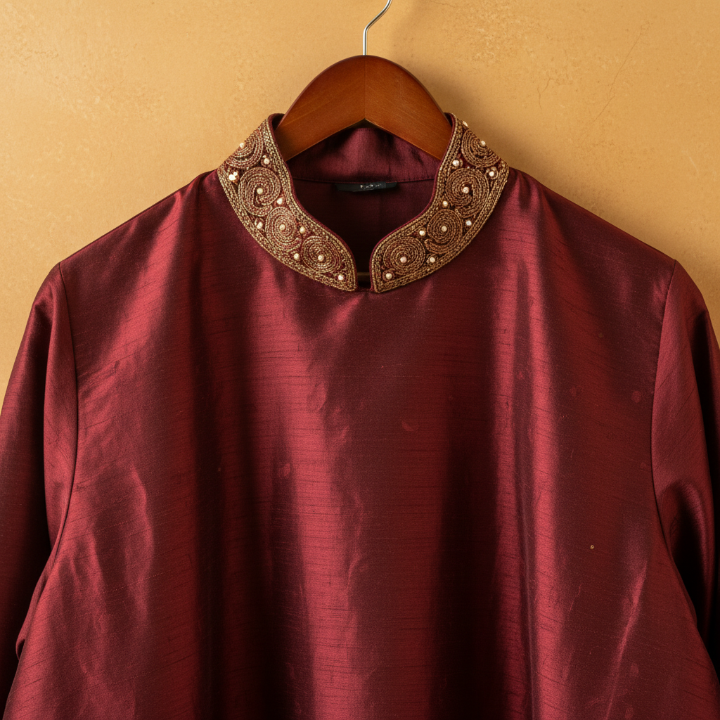 Handwoven silk kurta front view on dark background with warm lighting