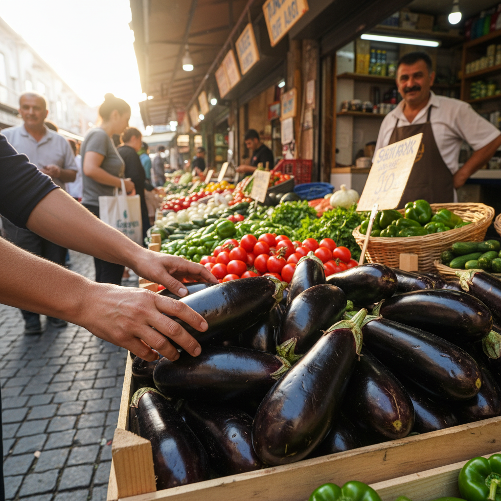 Hands selecting ripe eggplants at a Turkish market stall