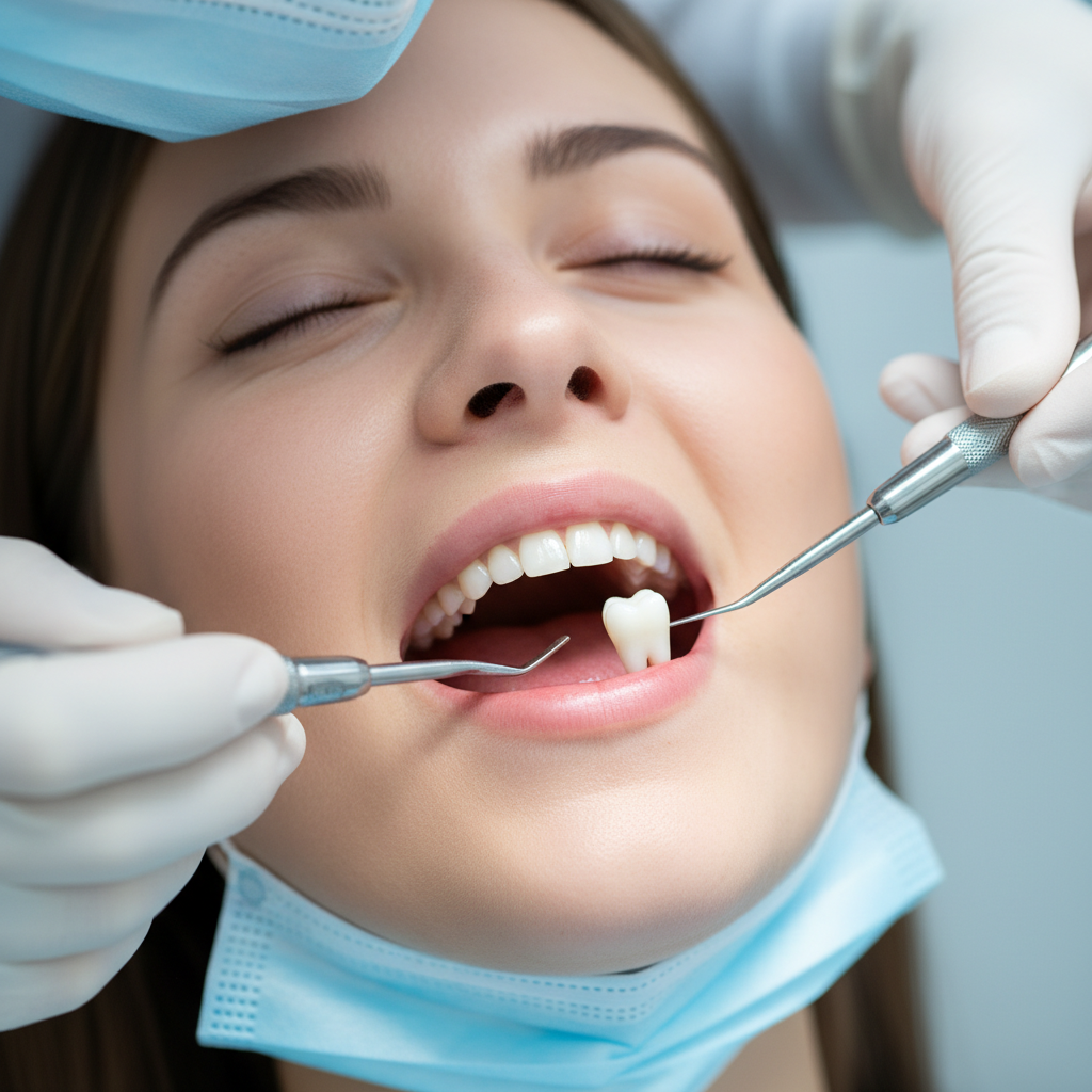 Close-up of dental tools near child's open mouth during routine procedure