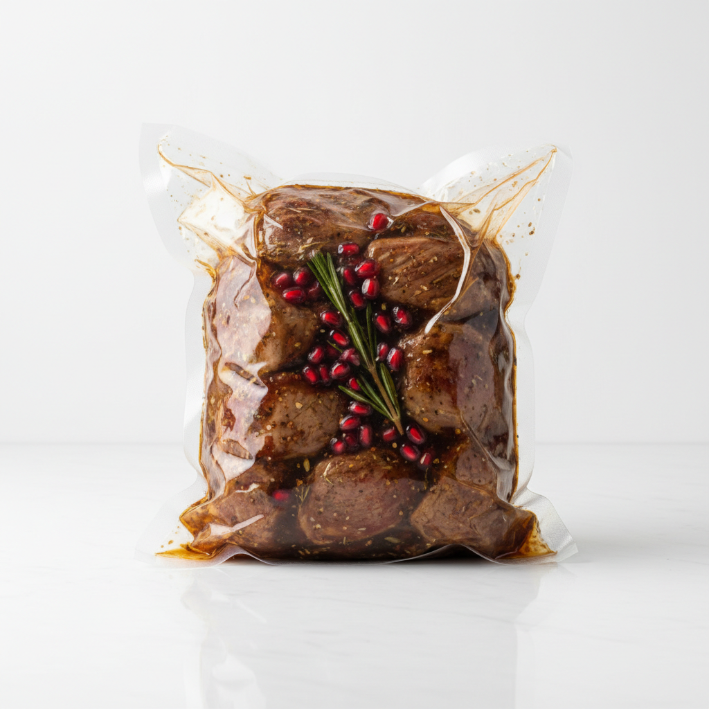 Vacuum-sealed Simmer pouch of Lamb Shoulder and Pomegranate