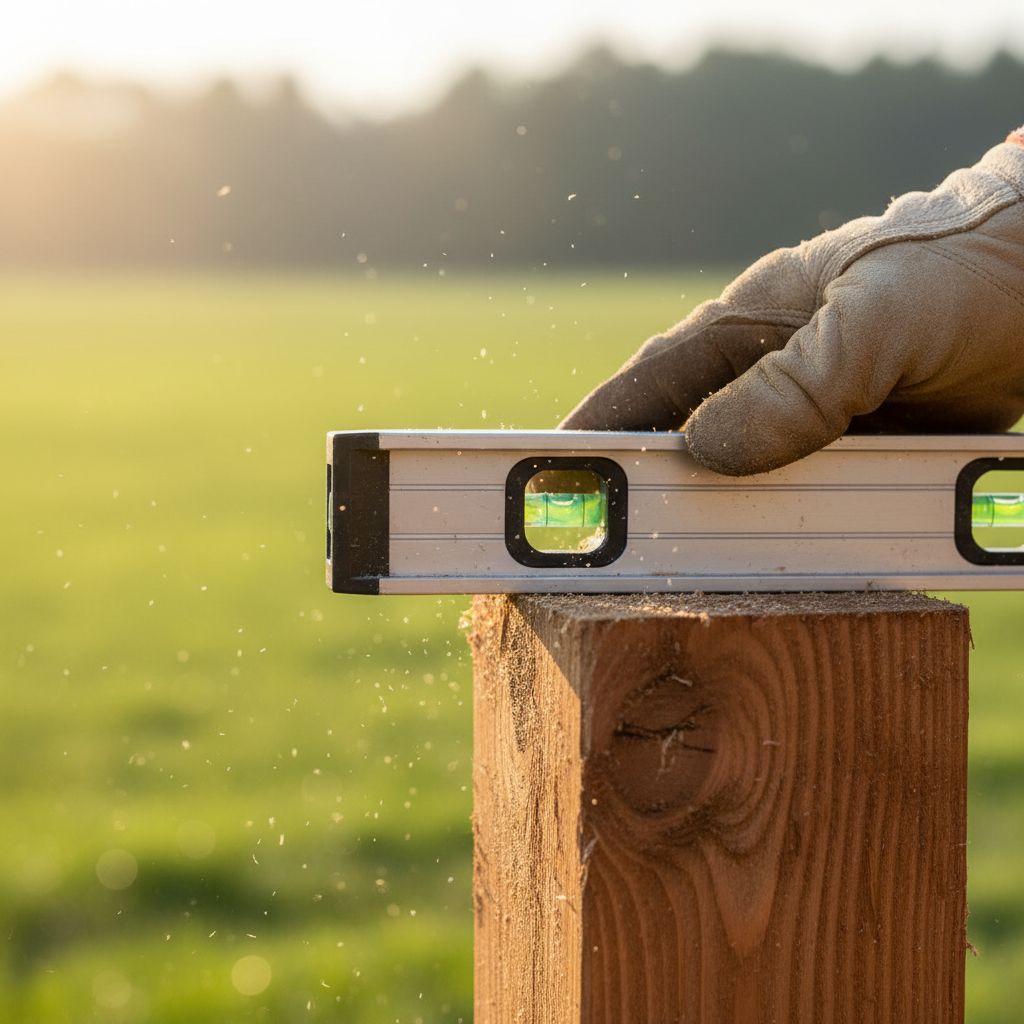 Gloved hand pulling a level across a freshly set cedar fence post, morning light catching sawdust in the air