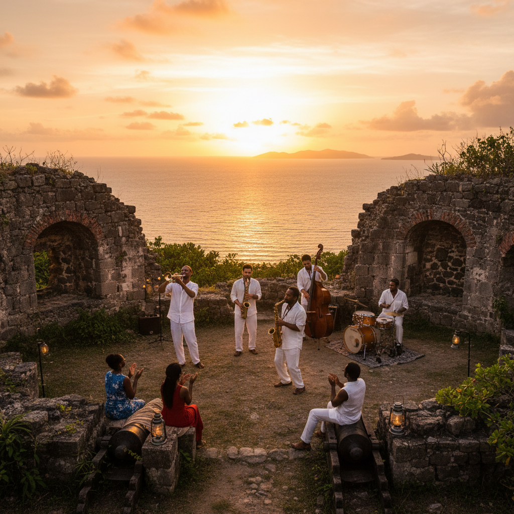 Jazz musicians performing at sunset in historic Fort Shirley ruins with Caribbean Sea backdrop