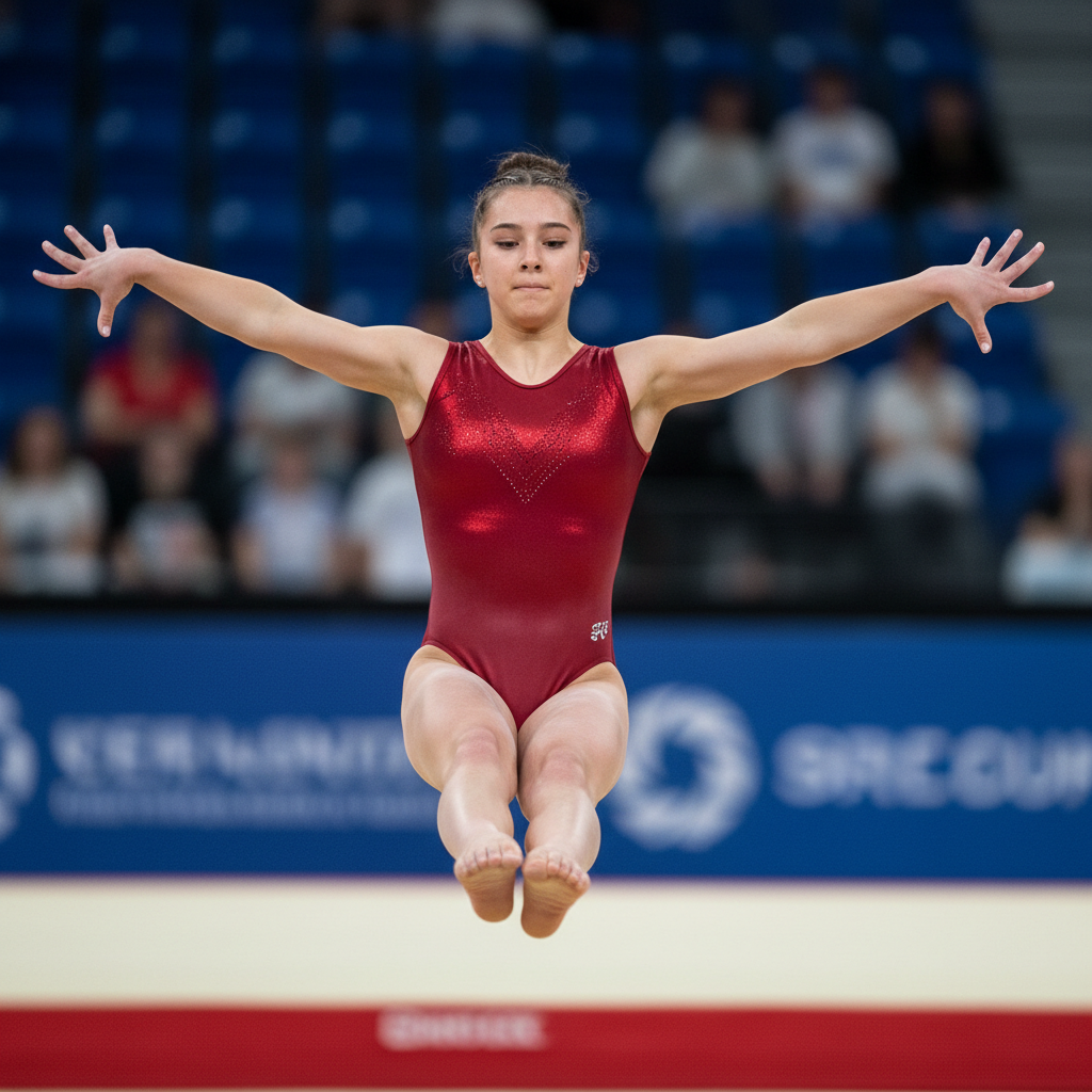 Gymnast performing floor routine in signature teal leotard