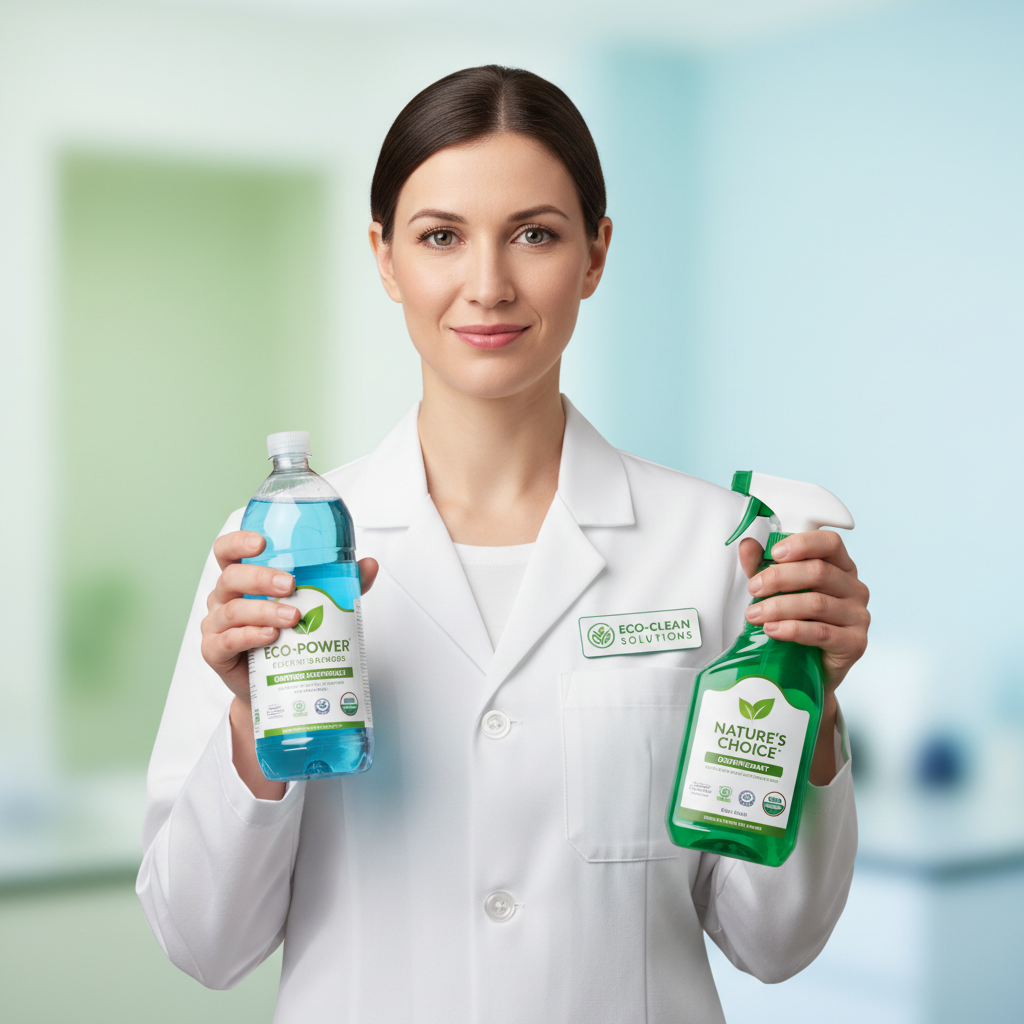 Supply specialist in lab coat holding eco-certified cleaning products
