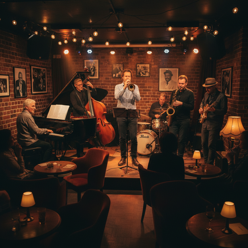 Latin jazz musicians performing with brass instruments in a dimly lit intimate jazz club with atmospheric blue lighting