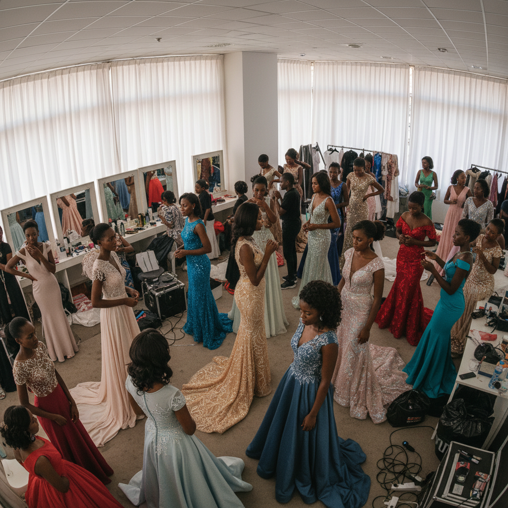 Group of Miss Rwanda contestants in formal gowns backstage