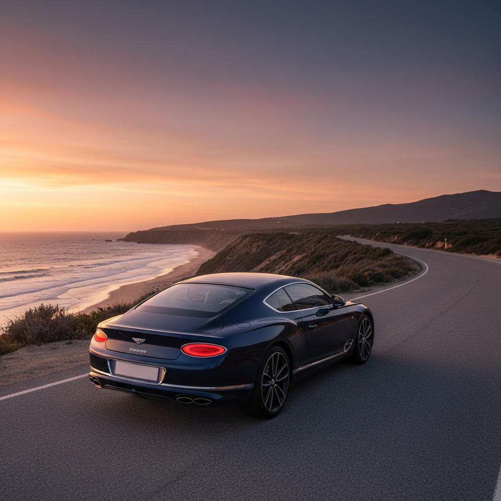Bentley Continental on dark road at dusk, dramatic side lighting, deep shadows, moody British luxury