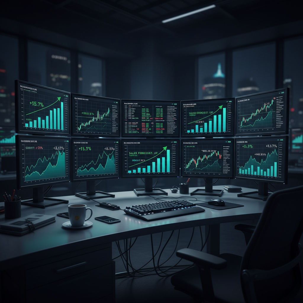 Financial charts and graphs on computer screen showing upward trends, trading analysis dashboard bright office