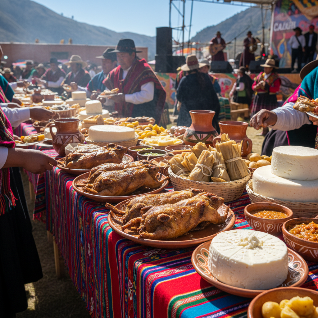 Mesa de feria gastronómica andina con platos tradicionales de Cajamarca incluyendo cuy, humitas y queso fresco