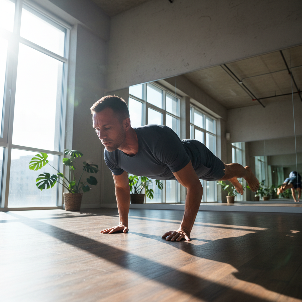 Man performing glute bridge exercise on yoga mat, bright studio, athletic shorts
