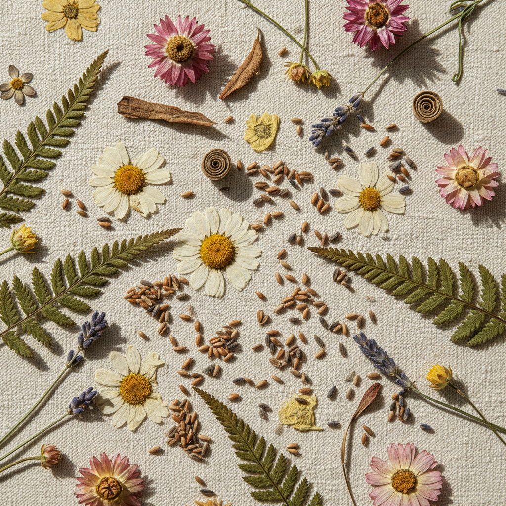 Small green-grey fennel seeds scattered on a light cream linen background