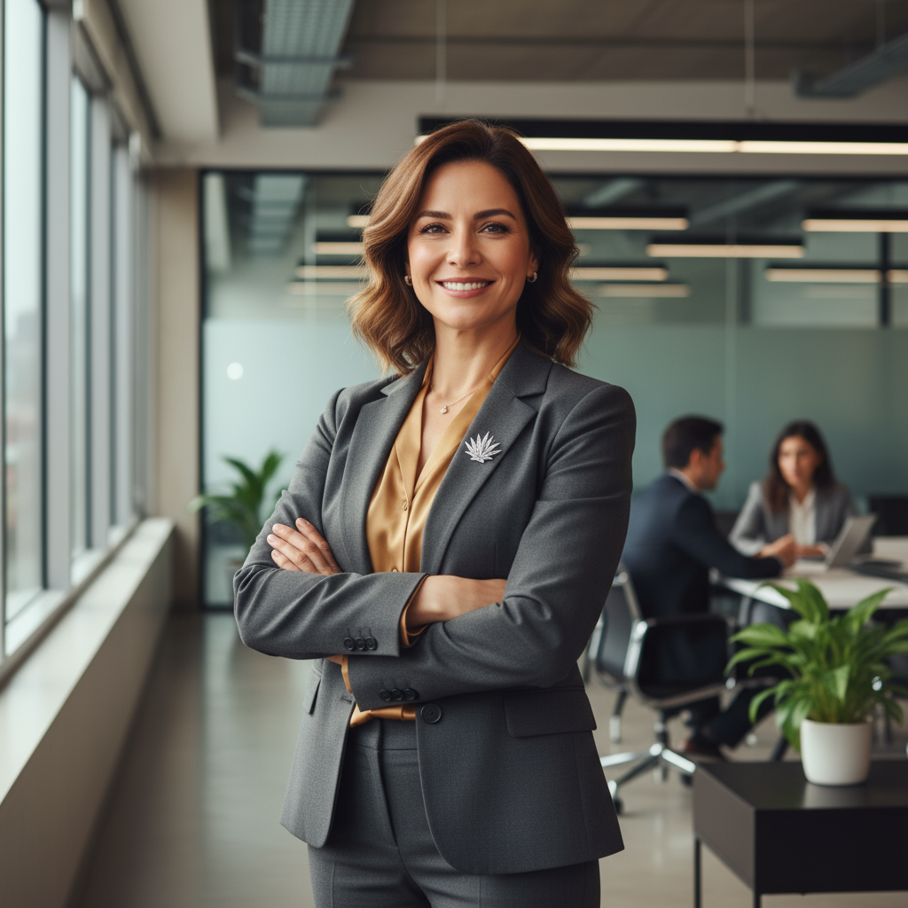 Confident businesswoman with shoulder-length blonde hair smiling warmly in professional environment