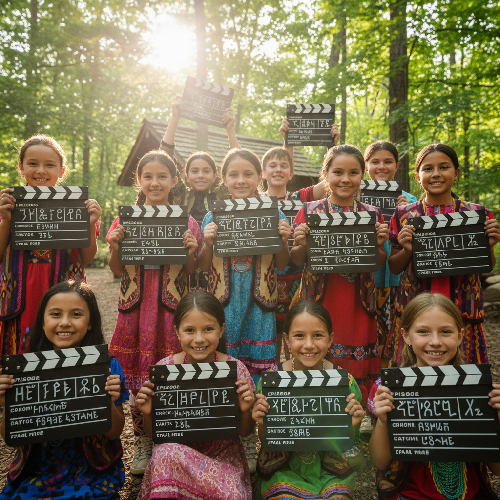 Children holding clapperboards with episode titles written in Cherokee syllabics