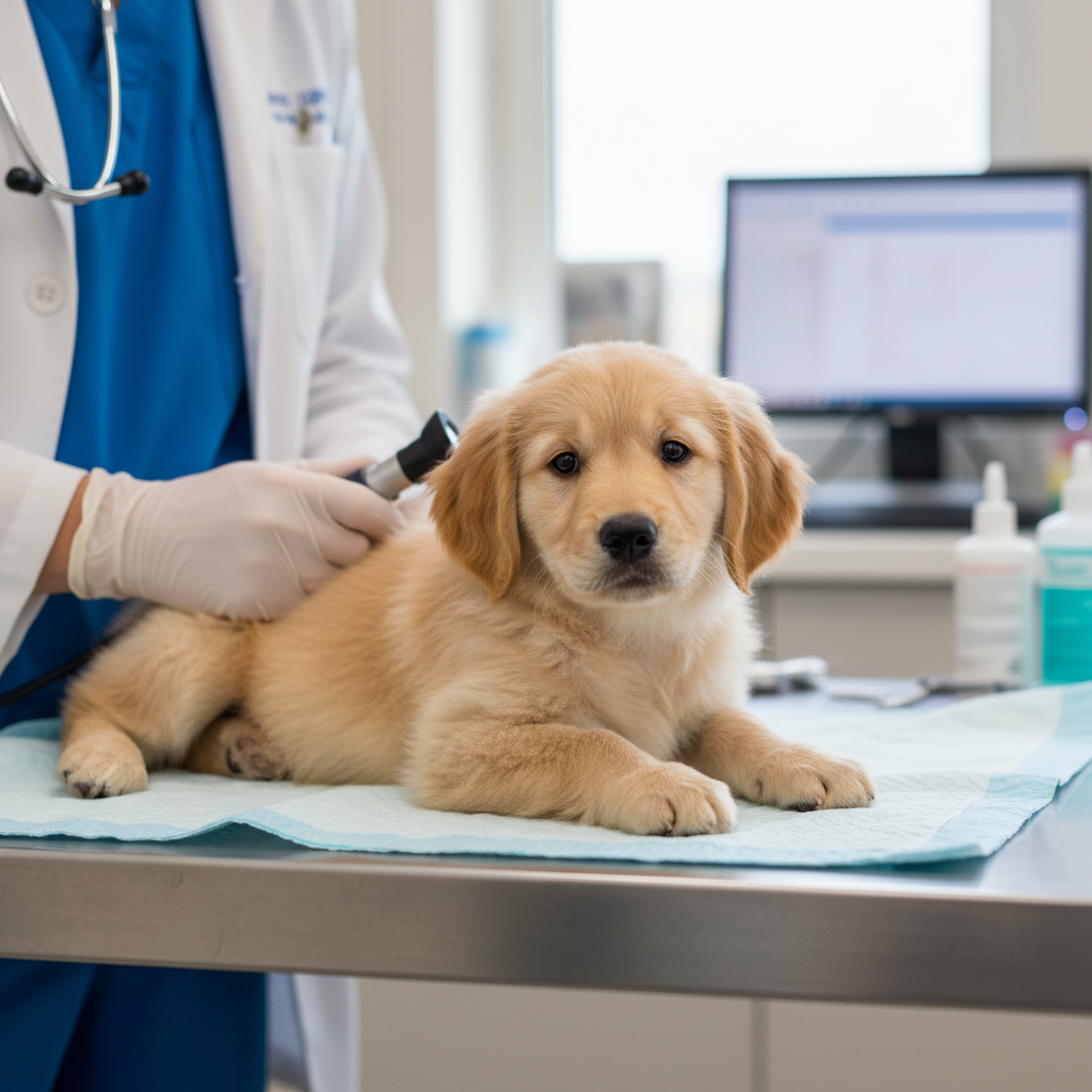 Veterinarian examining a golden retriever puppy in a bright clinical setting