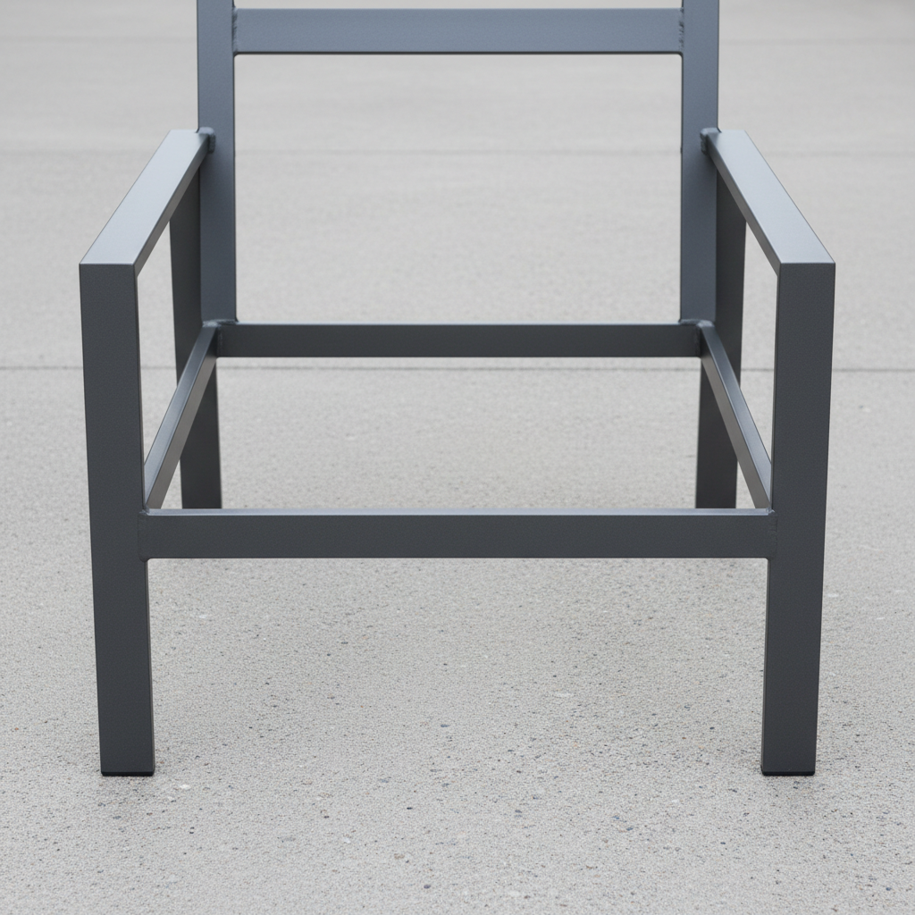 Powder-coated marine aluminum outdoor chair frame detail in matte charcoal showing smooth finish