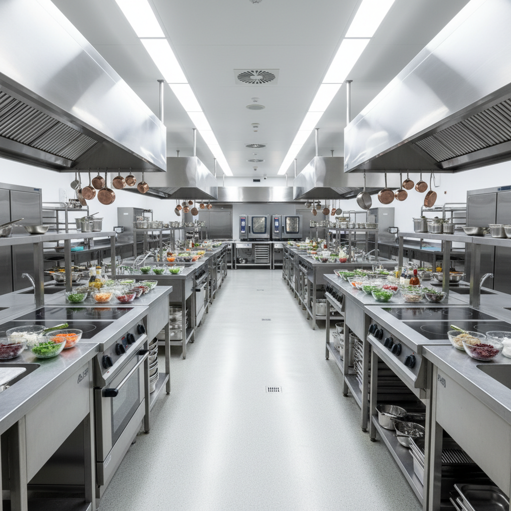 Institutional cafeteria kitchen with stainless steel equipment, bright overhead lighting, clean professional cooking space