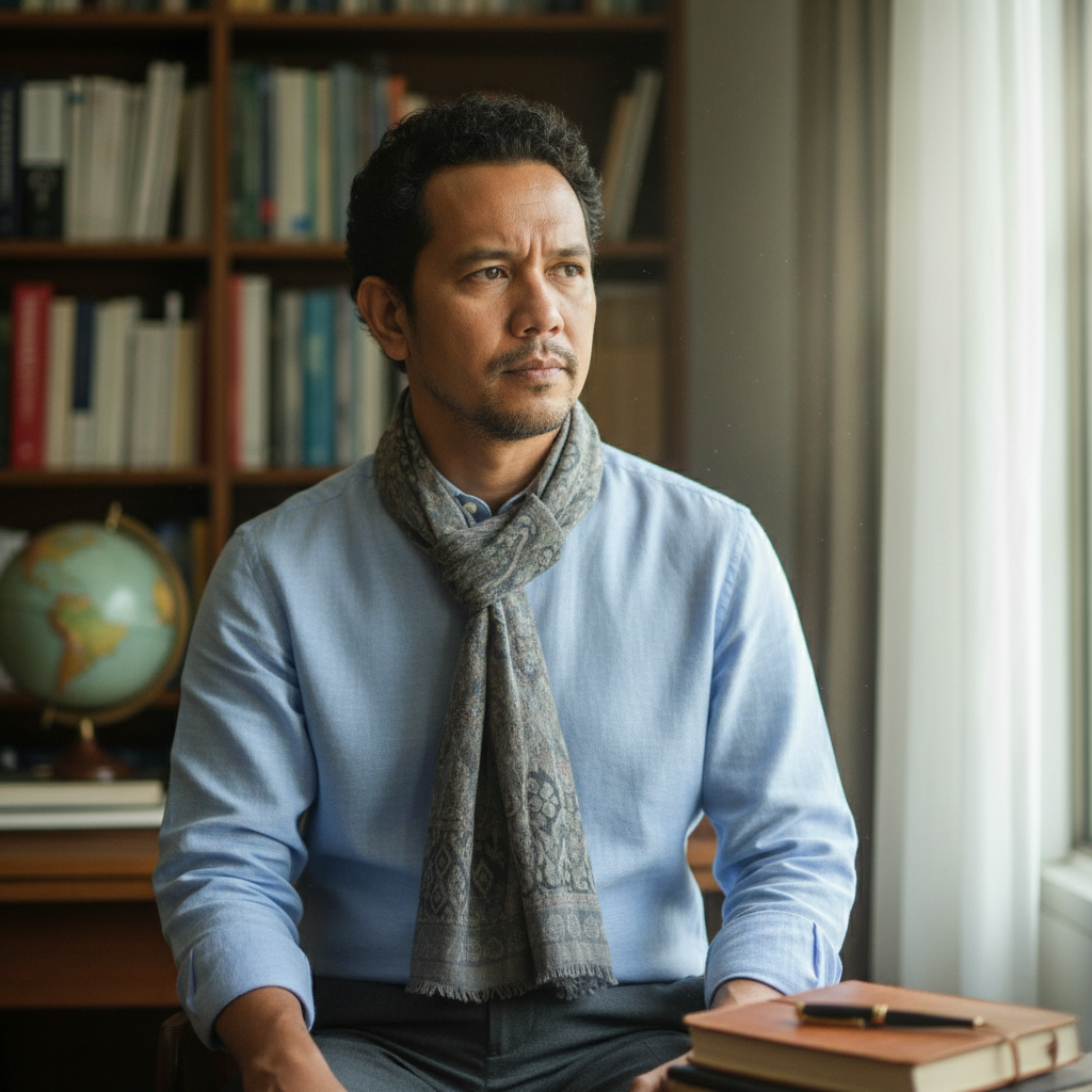 Indonesian man in business casual attire, professional setting, confident expression