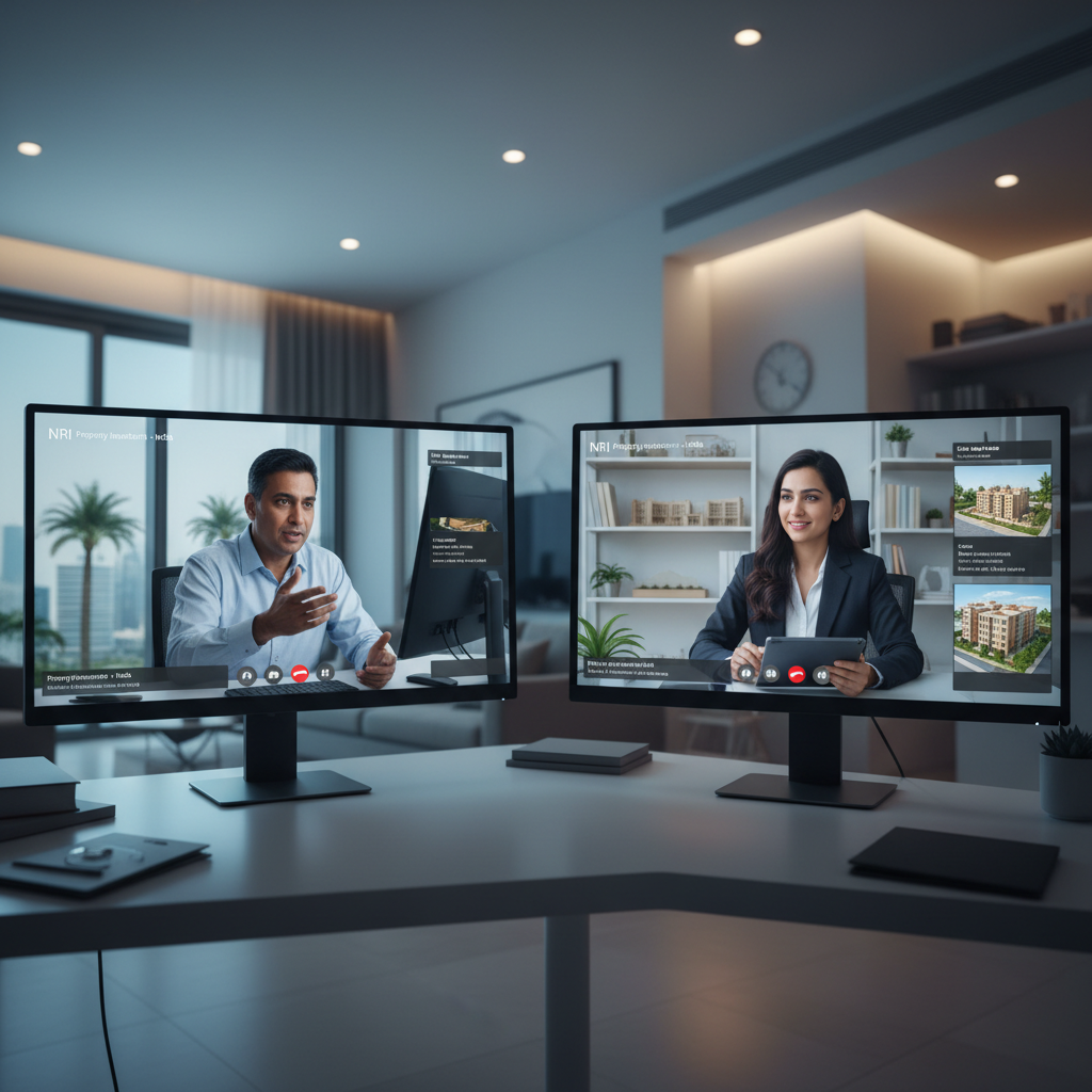 NRI property owner reviewing construction progress through video call with contractor management team