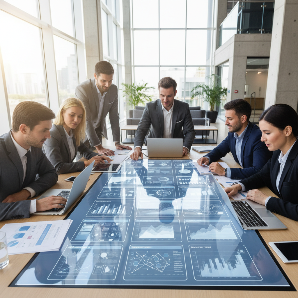 Business professionals collaborating around a table with financial charts